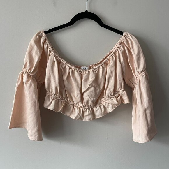 LPA Off The Shoulder Pullover Long Bell Sleeve Casual Cropped Top Cream Medium - Picture 2 of 7